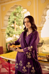 Royal Purple Chanderi Silk Embroidered Kurta Palazzo Set with Organza Embroidered Dupatta