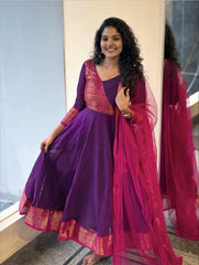 Rooprangi Women's Span Cotton Anarkali Kurta Set with Soft Net Dupatta | Jacquard Zari Border | Purple & Olive Green