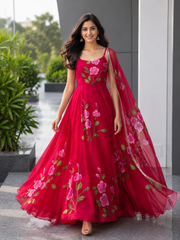 Blossom Bloom Handpainted Georgette Anarkali Suit Set with Floral Dupatta