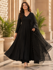 Classic Black Georgette Anarkali Suit Set with Real Mirror Work Dupatta