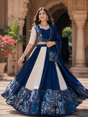 Royal Blue & Ivory Pure Rayon Lehenga Choli Set with Mirror Work Dupatta
