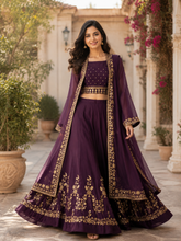 Wine Star Georgette Embroidered Indo-Western Lehenga Set with Designer Shrug