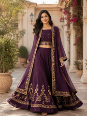 Wine Star Georgette Embroidered Indo-Western Lehenga Set with Designer Shrug
