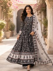 Black Premium Maslin Cotton Printed Anarkali Gown Set with Dupatta | Designer 3-Piece Ethnic Suit