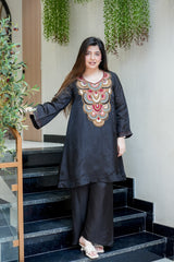 Black & Cream French Crepe Embroidered Kurta Pant Set