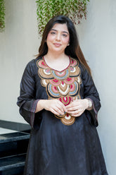 Black & Cream French Crepe Embroidered Kurta Pant Set