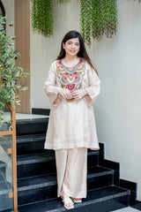 Black & Cream French Crepe Embroidered Kurta Pant Set