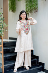 Black & Cream French Crepe Embroidered Kurta Pant Set