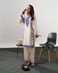 Ivory White & Royal Blue Chanderi Silk Embroidered Kurta Pant Set | Ivory White & Royal Blue