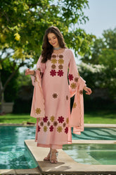 Chanderi Silk Floral Embroidered Kurti Set with Scalloped Dupatta & Hand Kodi Lace (3 Colors)