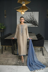 Rooprangi Women's Premium Chanderi Silk Embroidered Kurta Pant Set with Chinon Dupatta & Tassels | Beige & Dusty Blue