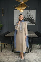 Rooprangi Women's Premium Chanderi Silk Embroidered Kurta Pant Set with Chinon Dupatta & Tassels | Beige & Dusty Blue