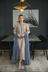 Rooprangi Women's Premium Chanderi Silk Embroidered Kurta Pant Set with Chinon Dupatta & Tassels | Beige & Dusty Blue