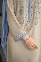 Rooprangi Women's Premium Chanderi Silk Embroidered Kurta Pant Set with Chinon Dupatta & Tassels | Beige & Dusty Blue