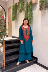 Teal Blue & Brown French Crepe Embroidered Straight Kurta Pant Set