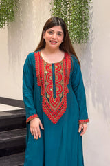 Teal Blue & Brown French Crepe Embroidered Straight Kurta Pant Set