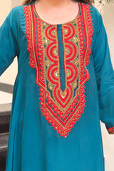 Teal Blue & Brown French Crepe Embroidered Straight Kurta Pant Set