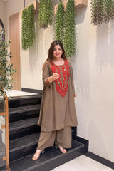 Teal Blue & Brown French Crepe Embroidered Straight Kurta Pant Set