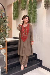 Teal Blue & Brown French Crepe Embroidered Straight Kurta Pant Set