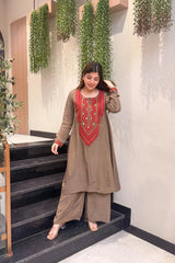 Teal Blue & Brown French Crepe Embroidered Straight Kurta Pant Set