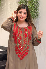 Teal Blue & Brown French Crepe Embroidered Straight Kurta Pant Set