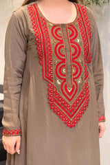 Teal Blue & Brown French Crepe Embroidered Straight Kurta Pant Set
