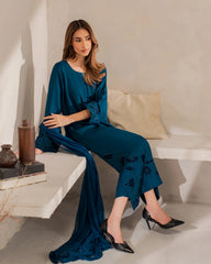 Teal Blue Chanderi Silk Embroidered Kurta Pant Set with Organza Dupatta