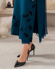 Teal Blue Chanderi Silk Embroidered Kurta Pant Set with Organza Dupatta