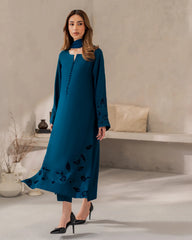 Teal Blue Chanderi Silk Embroidered Kurta Pant Set with Organza Dupatta