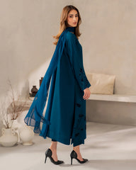 Teal Blue Chanderi Silk Embroidered Kurta Pant Set with Organza Dupatta