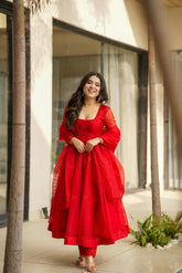 Vibrant Red Taby Silk Embroidered Anarkali Suit Set with Chanderi Silk Pants & Taby Silk Dupatta
