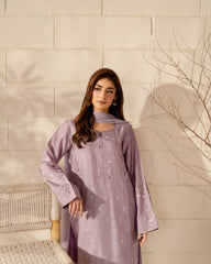 Lavender Mist French Crepe Silk Embroidered Kurta Pant Set with Chinnon Dupatta