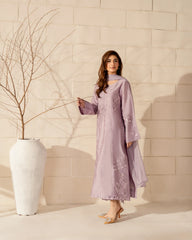 Lavender Mist French Crepe Silk Embroidered Kurta Pant Set with Chinnon Dupatta