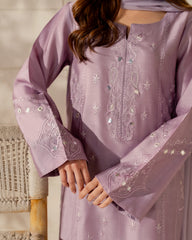 Lavender Mist French Crepe Silk Embroidered Kurta Pant Set with Chinnon Dupatta