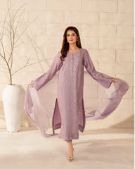 Lavender Mist French Crepe Silk Embroidered Kurta Pant Set with Chinnon Dupatta