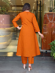 Burnt Orange Chanderi Silk Embroidered Kurta Pant Set with Chanderi Dupatta