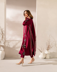 Wine Chanderi Silk Embroidered Straight Kurta Pant Set with Chinon Dupatta
