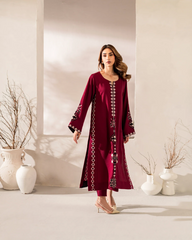 Wine Chanderi Silk Embroidered Straight Kurta Pant Set with Chinon Dupatta