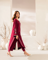 Wine Chanderi Silk Embroidered Straight Kurta Pant Set with Chinon Dupatta