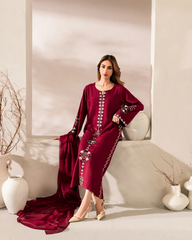 Wine Chanderi Silk Embroidered Straight Kurta Pant Set with Chinon Dupatta