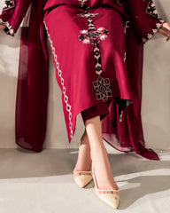 Wine Chanderi Silk Embroidered Straight Kurta Pant Set with Chinon Dupatta