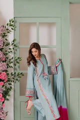 Sky Blue & Fuchsia Pink French Crepe Embroidered Kurta Pant Set with Chinon Double Dye Dupatta