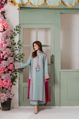 Sky Blue & Fuchsia Pink French Crepe Embroidered Kurta Pant Set with Chinon Double Dye Dupatta