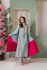 Sky Blue & Fuchsia Pink French Crepe Embroidered Kurta Pant Set with Chinon Double Dye Dupatta