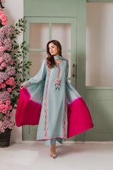Sky Blue & Fuchsia Pink French Crepe Embroidered Kurta Pant Set with Chinon Double Dye Dupatta
