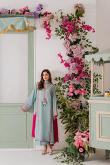 Sky Blue & Fuchsia Pink French Crepe Embroidered Kurta Pant Set with Chinon Double Dye Dupatta