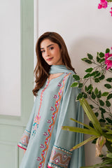Sky Blue & Fuchsia Pink French Crepe Embroidered Kurta Pant Set with Chinon Double Dye Dupatta