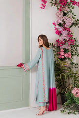 Sky Blue & Fuchsia Pink French Crepe Embroidered Kurta Pant Set with Chinon Double Dye Dupatta
