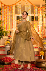 Olive Gold Premium Simmar Chanderi Silk Embroidered Kurta Pant Set with Organza Embroidered Dupatta