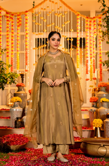 Olive Gold Premium Simmar Chanderi Silk Embroidered Kurta Pant Set with Organza Embroidered Dupatta